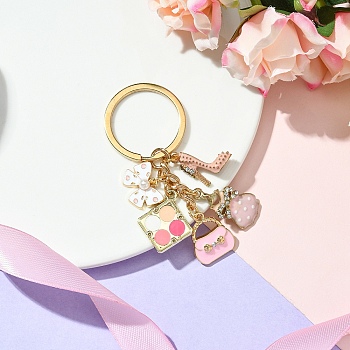 Alloy Enamel & Rhinestone & Plastic Pearl Keychain, with Iron Rings, Clothes Shape, Pink, 8cm