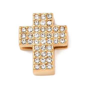304 Stainless Steel Rhinestone Slide Charms, PVD Vacuum Plating, Long-Lasting Plated, Golden, Cross, 16x12.5x4.5mm, Hole: 8x1.5mm