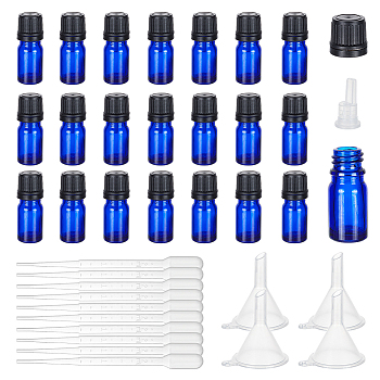 24 Sets Empty Glass Essential Oil Bottles, with Dropping Plug, 10Pcs Plastic Dropper & 4Pcs Funnel Hopper, Royal Blue, Finished: 2.2x5.4cm, Capacity: 5ml(0.17fl. oz)