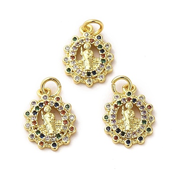 Rack Plating Real 18K Gold Plated Brass Pendants, with Cubic Zirconia, Long-Lasting Plated, Lead Free & Cadmium Free, Ellipses & Statues, Colorful, 17x11x3mm, Hole: 2mm