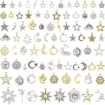 2 Bags 2 Colors Tibetan Style Pendants, Cadmium Free & Lead Free, Sun & Moon & Star, Antique Silver & Antique Golden, 11~33x6~30x1~4mm, 1bag/color