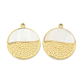 PVD Vacuum Plating 304 Stainless Steel Pendants, with Shell, Flat Round Charm, Real 18K Gold Plated, 18.5x16x2mm, Hole: 1.6mm