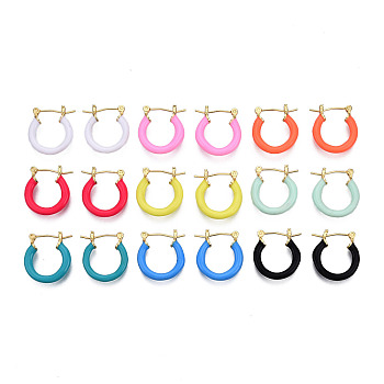 Enamel Hoop Earrings, Real 18K Gold Plated Jewelry for Women, Nickel Free, Mixed Color, 21x18.5x3mm, Pin: 0.8mm