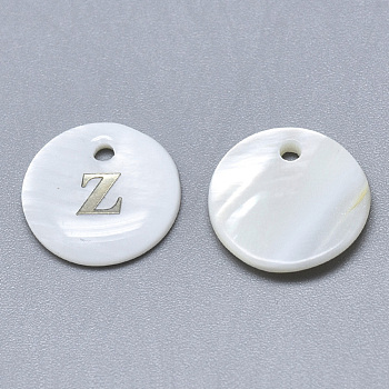 Natural White Shell Mother of Pearl Shell Charms, with Iron Sticker, Flat Round with Letter, Letter.Z, 13x2mm, Hole: 1.5mm