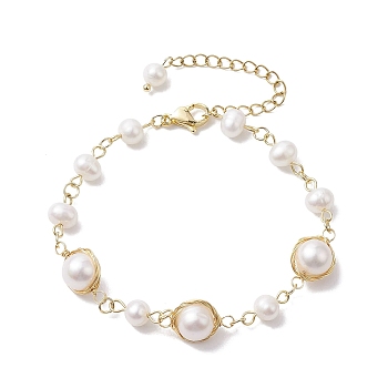 Natural Cultured Freshwater Pearl Beads Link Bracelets for Women, Golden, 7-1/2 inch(19cm)