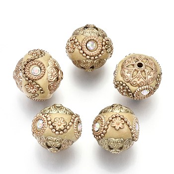Handmade Indonesia Beads, with Metal Findings, Golden Color Plated, Round, Light Khaki, 20~21mm, Hole: 1.8mm