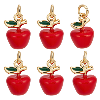6Pcs Brass Enamel Pendants, with Jump Ring, Real 18K Gold Plated, Fruit Charm, Apple, 15x10mm, Hole: 3mm
