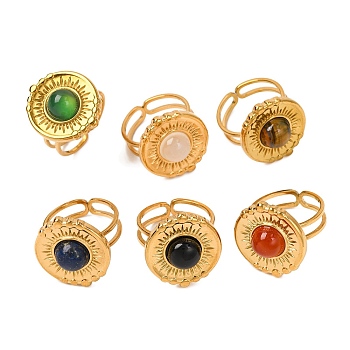 Natural Mixed Stone Finger Rings, Flat Round Golden Tone 304 Stainless Steel Cuff Rings for Women, Inner Diameter: Adjustable