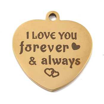 Valentine's Day PVD Vacuum Plating 201 Stainless Steel Pendants, Love Message Charms, Heart with Word Charms, Real 18K Gold Plated, 30.5x29x2mm, Hole: 3mm