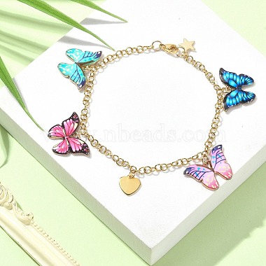 Enamel Butterfly & Alloy Heart Charm Bracelet with Ion Plating(IP) 304 Stainless Steel Chains(BJEW-JB09558)-4