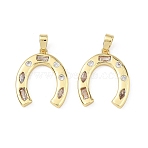 Brass Micro Pave Lavender Blush Cubic Zirconia Pendants, Horseshoe Charms, Rack Plating, Long-Lasting Plated, Cadmium Free & Lead Free, Golden, 20x17x2mm, Hole: 2.5x5mm(CU-B002-03G)