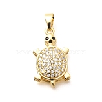 Brass Micro Pave Cubic Zirconia Pendants, Cadmium Free & Nickel Free & Lead Free, Real 18K Gold Plated, Tortoise Charms, Clear, 26x15x6mm, Hole: 6x4mm(KK-G519-18G-04)