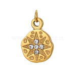 304 Stainless Steel Micro Pave Cubic Zirconia Pendants, Flat Round with Sun Charm, Ion Plating(IP), Real 18K Gold Plated, Long-Lasting Plated, Clear, 14x11mm, Hole: 2mm(STAS-OY011-08G)