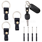 4Pcs Rectangle Cowhide & Iron Keychains, with Screwdriver & Split Key Rings, Black, 41x15.5x8mm(FIND-FG0005-58B)