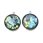 304 Stainless Steel Pave Natural Paua Shell Pendants, Stainless Steel Color, Flat Round, 23x20x4mm, Hole: 1.5mm(STAS-Z125-01G-P)