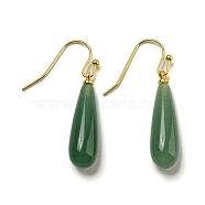 Ion Plating(IP) Natural Green Aventurine Dangle Earring, with Brass Earring Hook, Teardrop, 34~36x7~7.5mm(EJEW-C084-01G-02)