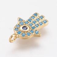 Brass Micro Pave Cubic Zirconia Charms, Hamsa Hand/Hand of Fatima/Hand of Miriam, Real 18K Gold Plated, 14x9.5x1.5mm, Hole: 1mm(ZIRC-G104-16G)