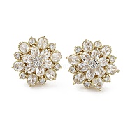Flower Brass with Cubic Zirconia Stud Earrings, Long-Lasting Plated, Golden, 18.5mm(EJEW-G371-10G)
