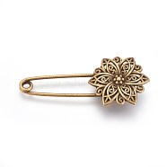 Tibetan Style Alloy Safety Brooches, Flower, Antique Bronze, 56.5x23.5x7mm, Pin: 1.5mm(X-JEWB-WH0008-11AS)