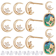 10Pcs Brass Micro Pave Cubic Clear Zirconia Moon & Star Stud Earring Findings, with Vertical Loops, Nickel Free, with 30Pcs Plastic Ear Nuts, Real 18K Gold Plated, 8x7mm, Hole: 0.8mm, Pin: 0.7mm(KK-BC0011-05)
