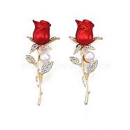 Rose Flower Enamel Pin with Plastic Pearl, 3D Alloy Brooch with Crystal Rhinestone for Backpack Clothes, Nickel Free & Lead Free, Light Golden, Red, 63x25mm(JEWB-N007-051)