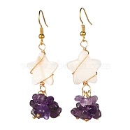 Star with Cluster Chip Beads Long Dangle Earrings, Wire Wrap Natural Shell & Amethyst Beads Earrings for Girl Women, Golden, 58~61mm, Pin: 0.6mm(EJEW-JE04686-03)