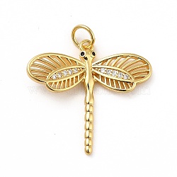 Brass Micro Pave Cubic Zirconia Pendants, with Jump Ring, Long-Lasting Plated, Real 18K Gold Plated, Dragonfly, Clear, 22.5x24x3mm(KK-H433-19G)