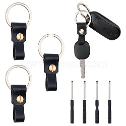 4Pcs Rectangle Cowhide & Iron Keychains, with Screwdriver & Split Key Rings, Black, 41x15.5x8mm(FIND-FG0005-58B)