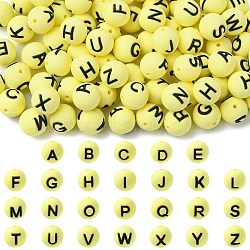 104Pcs 26 Styles Silicone Beads, Round with Letter A~Z, Yellow, 15mm, Hole: 2mm(SIL-SZ0003-40F)