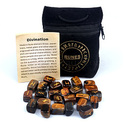 25Pcs Rectangle with Elder Futhark Alphabet Engraved Symbol Natural Tiger Eye Rune Stones, Divination Stone, with Flannelette Bag, 105x80mm(PW-WG1B32E-06)