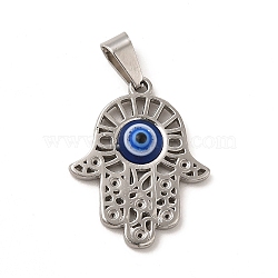 304 Stainless Steel Pendants, Hamsa Hand/Hand of Miriam Charms with Resin Blue Evil Eye, Religion, Stainless Steel Color, 25x20x4.5mm, Hole: 6x3.5mm(STAS-P315-10P)