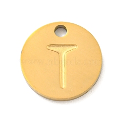 Ion Plating(IP) 304 Stainless Steel Pendants, Laser Cut, Flat Round with Letter Charm, Golden, Letter T, 10x1mm, Hole: 1.4mm(FIND-M017-02G-T)