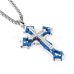 Stainless Steel Box Chains Necklaces, with Alloy Rhinestone Pendants, Cross, Blue & Stainless Steel Color, 23.62 inch(60cm)(PW24062855302)