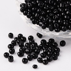 6/0 Opaque Colours Round Glass Seed Beads, Black, Size: about 4mm in diameter, hole:1.5mm, about 495pcs/50g(X-SEED-A010-4mm-49)