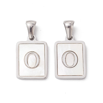 304 Stainless Steel Pave Shell Pendants, Rectangle Charm, Stainless Steel Color, Letter O, 17.5x12x1.5mm, Hole: 3x5mm
