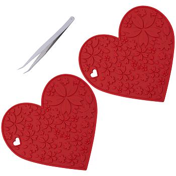 2Pcs Silicone Hot Mats for Hot Dishes, Heart with Sakura Pattern, with 1Pc Iron Beading Tweezers, Red, 180x190x5.5mm