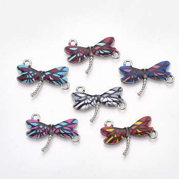 Printed Alloy Links connectors, with Enamel, Dragonfly, Platinum, Mixed Color, 16x22.5x2mm, Hole: 1.8mm