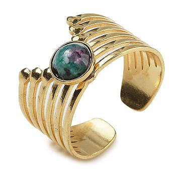 Natural Ruby in Zoisite Finger Rings, 304 Stainless Steel Multi-layer Open Cuff Rings, Real 18K Gold Plated, 13.5mm, Adjustable