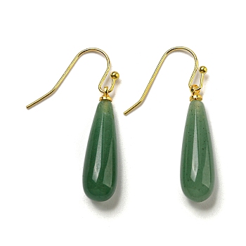 Ion Plating(IP) Natural Green Aventurine Dangle Earring, with Brass Earring Hook, Teardrop, 34~36x7~7.5mm