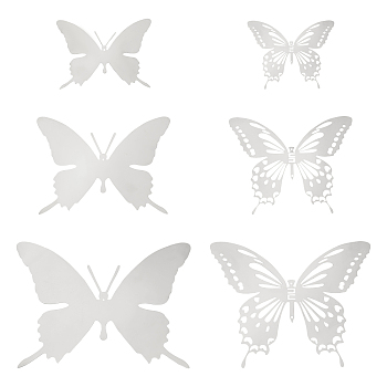 Unicraftale 12Pcs 6 Style Stainless Steel Butterfly Wall  Decoration Pendants, Stainless Steel Color, 45~95x90.5~121x0.3mm, 2pcs/style