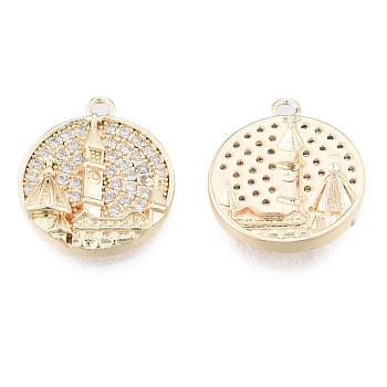 Brass Micro Pave Clear Cubic Zirconia Pendants, Cadmium Free & Nickel Free & Lead Free, Flat Round with City, Real 18K Gold Plated, 17.5x15x3mm, Hole: 1.6mm