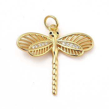 Brass Micro Pave Cubic Zirconia Pendants, with Jump Ring, Long-Lasting Plated, Real 18K Gold Plated, Dragonfly, Clear, 22.5x24x3mm