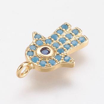 Brass Micro Pave Cubic Zirconia Charms, Hamsa Hand/Hand of Fatima/Hand of Miriam, Real 18K Gold Plated, 14x9.5x1.5mm, Hole: 1mm