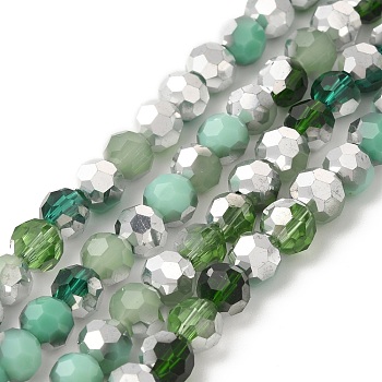 Electroplate Glass Beads Strands, Faceted(32 Facets), Half Silver Plated, Round, Dark Sea Green, 6x5mm, Hole: 1.4mm, about 100pcs/strand, 20.87''(53cm)