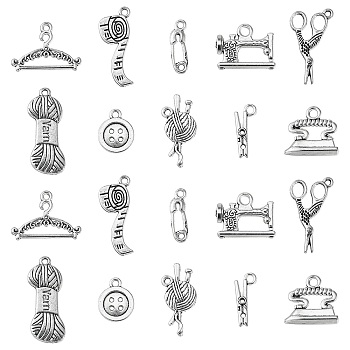 100pcs 10 Style Tibetan Style Pendants, Lead Free and Cadmium Free, Ball of Yarn & Hanger & Measuring Tape & Sewing Machine & Scissor, Antique Silver, 26x11x1.5mm, Hole: 2mm, 10pcs/style