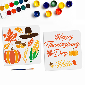 US 1 Set Autumn Theme PET Hollow Out Drawing Painting Stencils, with 1Pc Art Paint Brushes, Thanksgiving Day Painting Tools, Pumpkin, Painting Stencils: 300x300mm, 2pcs/set