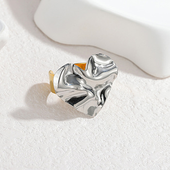 304 Stainless Steel Cuff Open Rings, Golden & Stainless Steel Color, Heart, 18mm