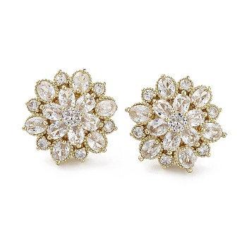 Flower Brass with Cubic Zirconia Stud Earrings, Long-Lasting Plated, Golden, 18.5mm