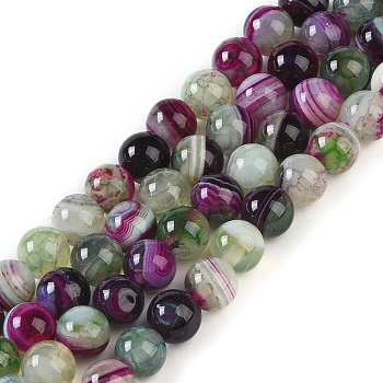Natural Striped Agate/Banded Agate Beads Strands, Dyed, Round, Purple, 6mm, Hole: 0.8mm, about 32pcs/strand, 7.60''(19.3cm)