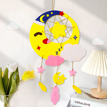 Cloth Woven Net/Web Wind Chime with Polyester Rope, Pendant Decoration for Home Party Festival Decor, Colorful, Moon, 365x215mm